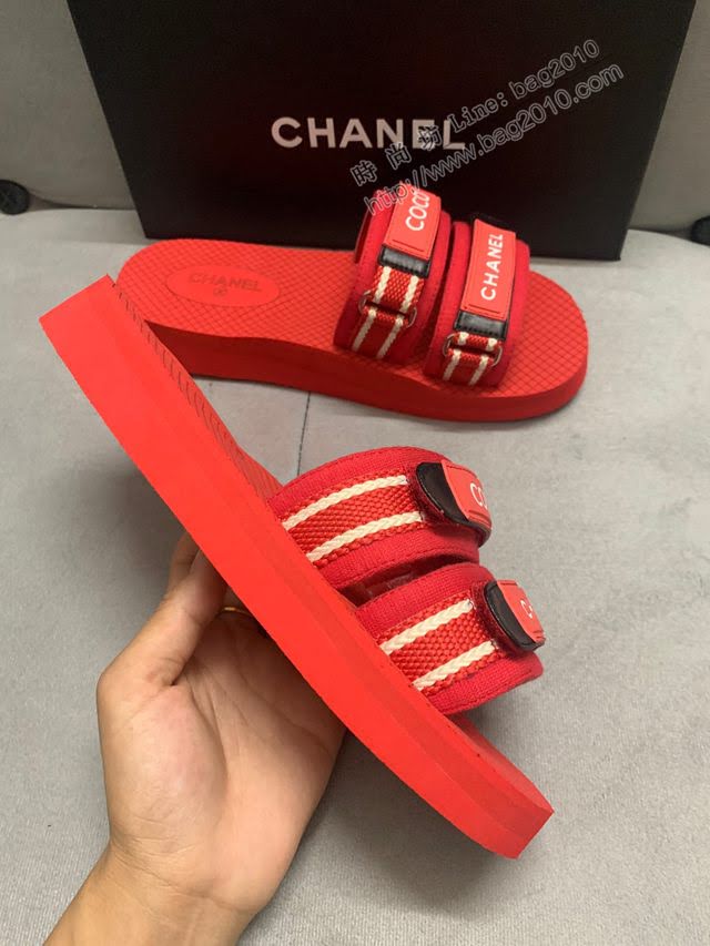 Chanel女鞋 香奈兒春夏新款字母logo涼鞋魔術貼涼鞋 Chanel沙灘鞋  naq1242